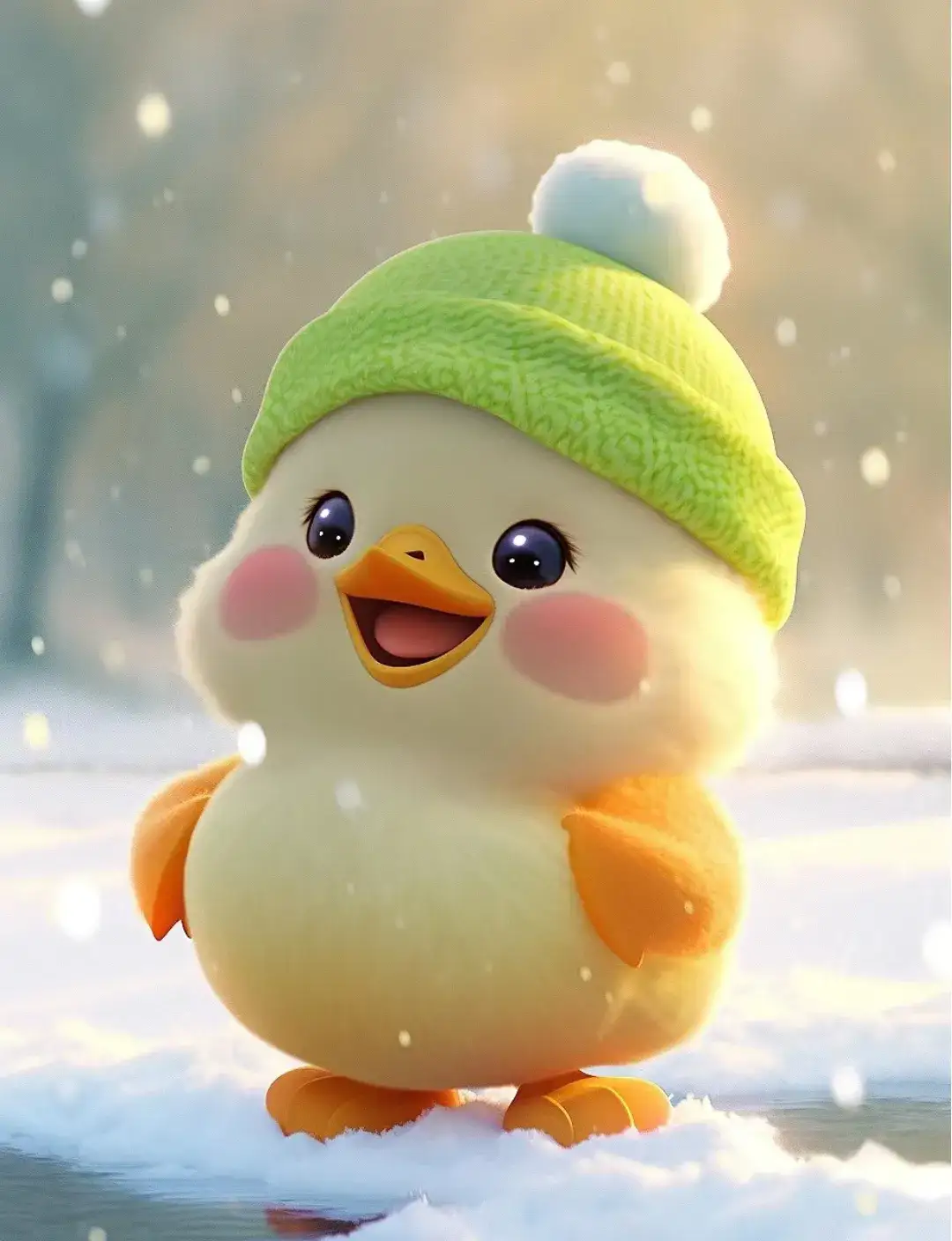 7615这只小黄鸭在雪地里,它戴着黄色的帽子和围巾,感觉好温暖啊!