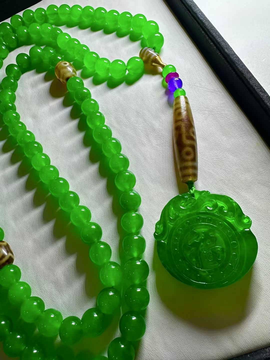 老翡翠 高冰 双面工厚牌 【盘龙福牌108佛珠】 配饰天珠,直径1