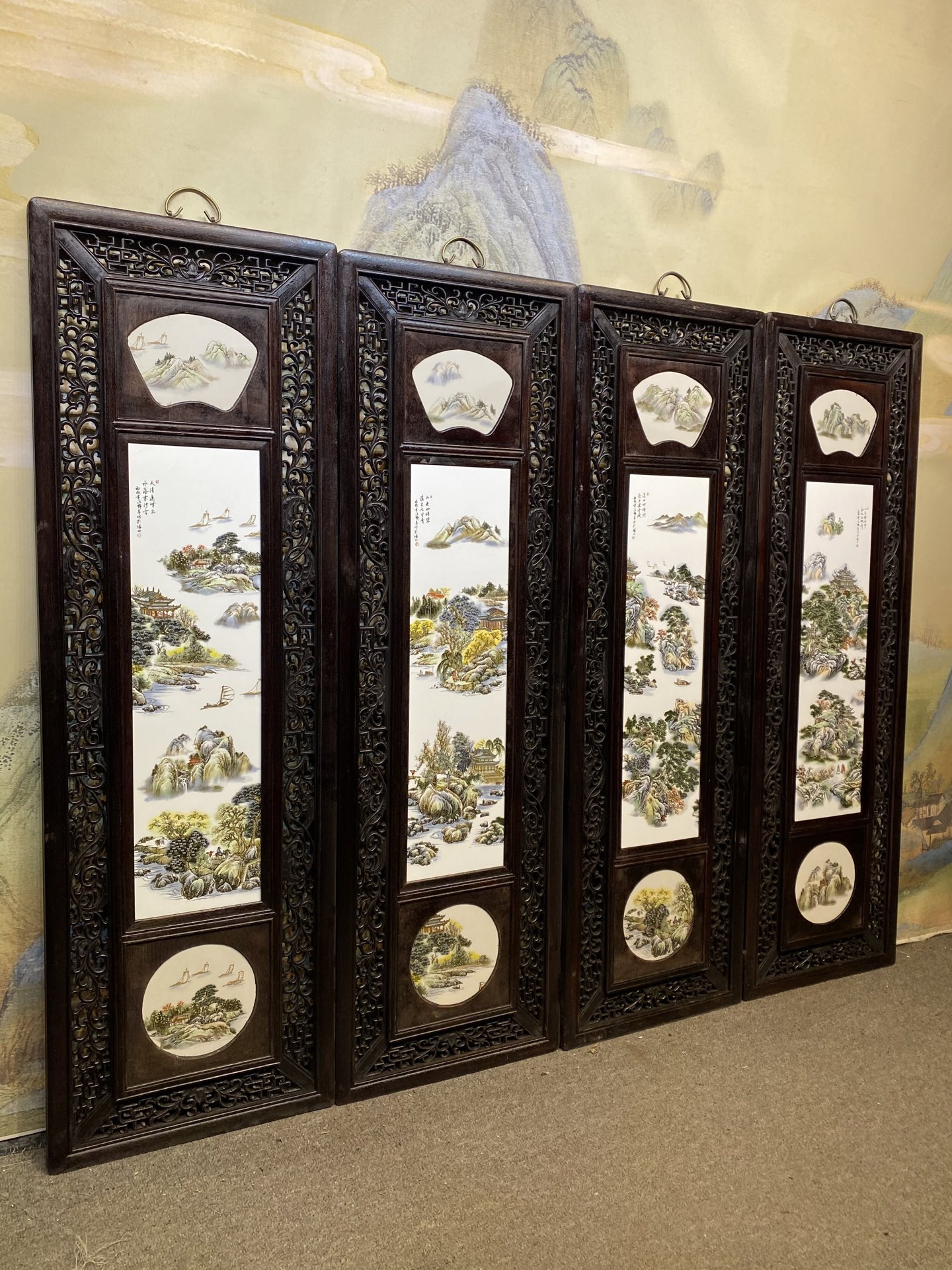 汪野亭作品红木镶瓷板画粉彩山水三节开窗四条挂屏 高142
