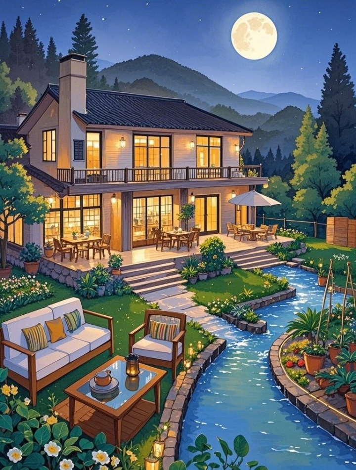 月光轻洒的花园别墅,洋溢着浪漫气息,正是情意绵绵的约会有情人的绝佳