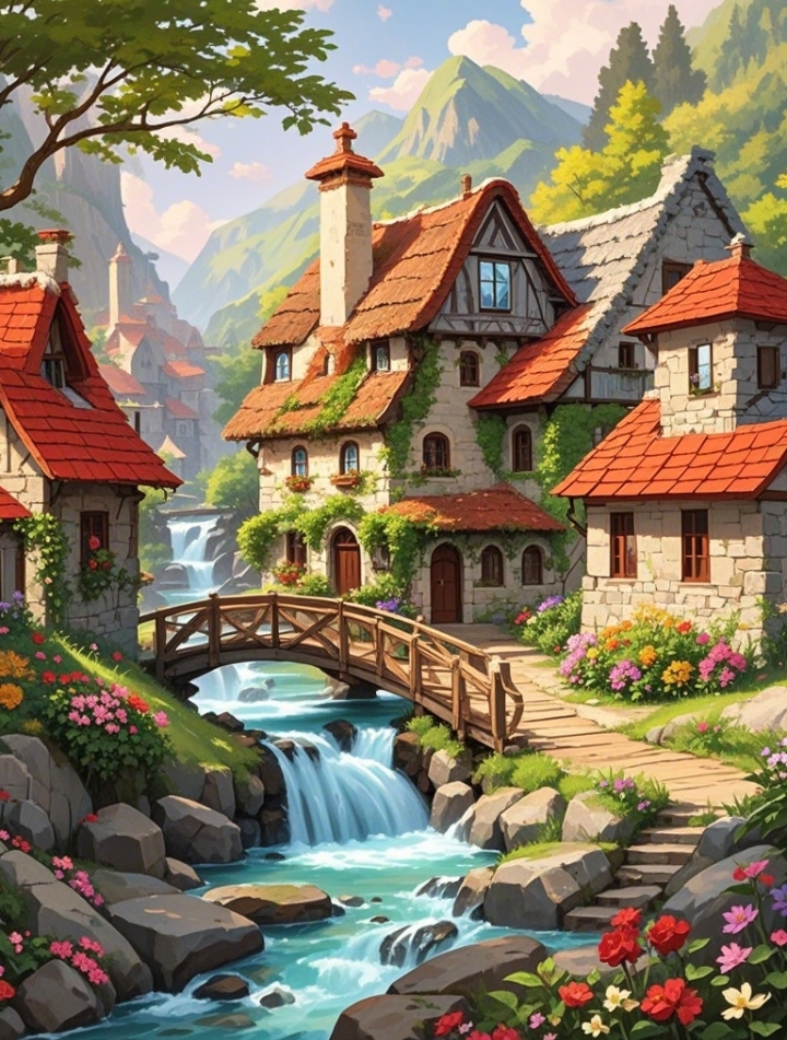 哇,这风景画得太美了!小桥流水,古堡花园,真想住进这童话世界里
