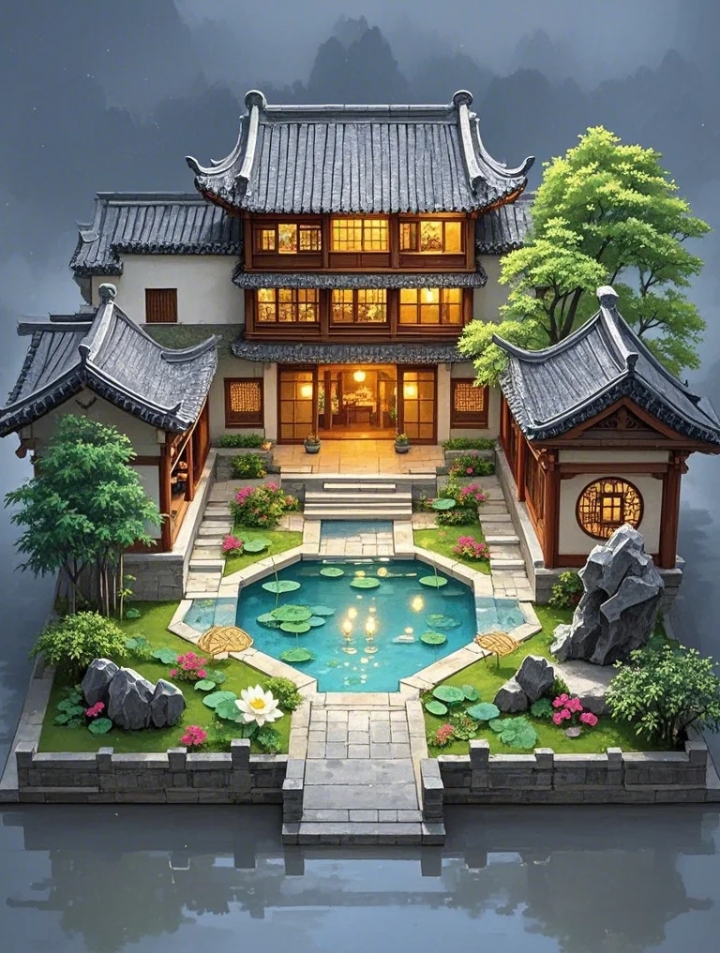 哇,这古风庭院太美了,让我想静静地坐在湖边,听着樱花飘落的声音