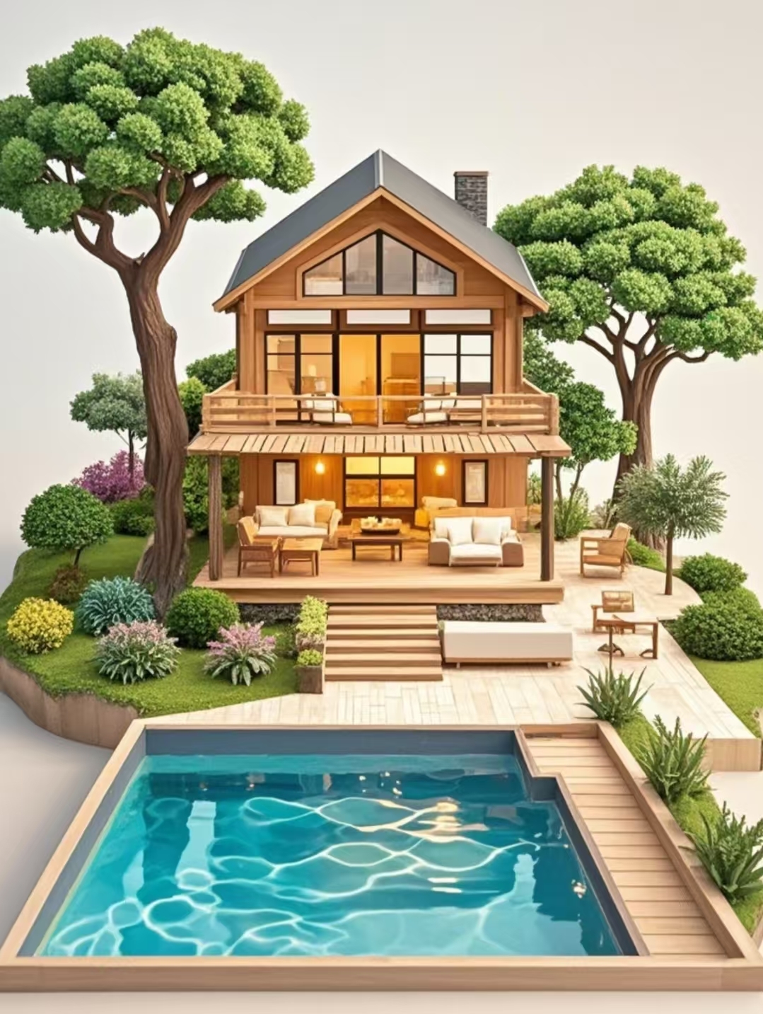 在阳光斑驳的周末,让这份欢愉从这栋别墅的碧波泳池中悠然启程!