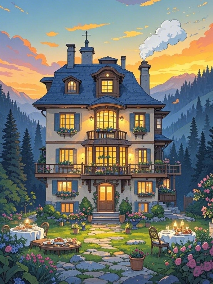 在夕阳余晖的轻抚下,山间别墅内洋溢着温馨的晚餐准备氛围,暖意流淌在