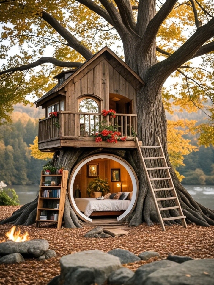 树屋在秋日里,暖如温馨的港湾.在微风中轻轻摇晃,守护着童年的梦