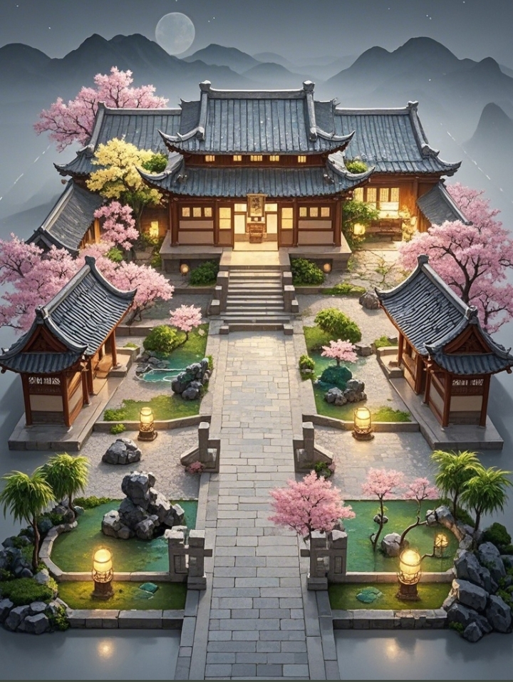 哇,这古风庭院太美了,月光下樱花盛开,石灯笼照亮小径,真想在这样的