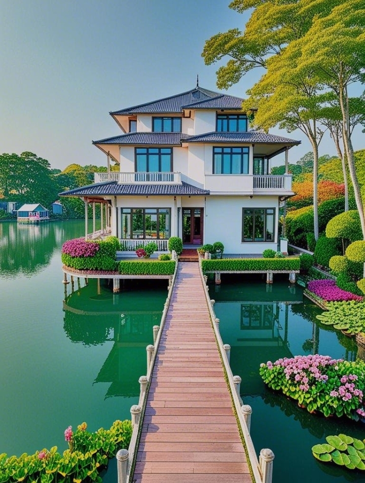 哇,这湖景别墅太美了,我仿佛能看到湖面的波光粼粼和别墅的倒影,真是
