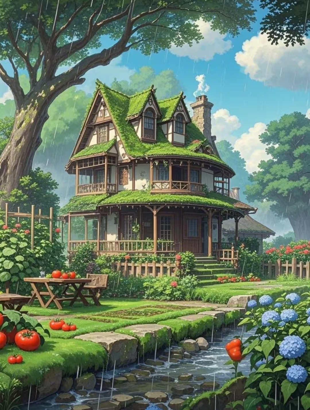 雨天,我在童话小屋避雨,周围开满了红番茄和蓝绣球花,雨水顺着屋檐滴