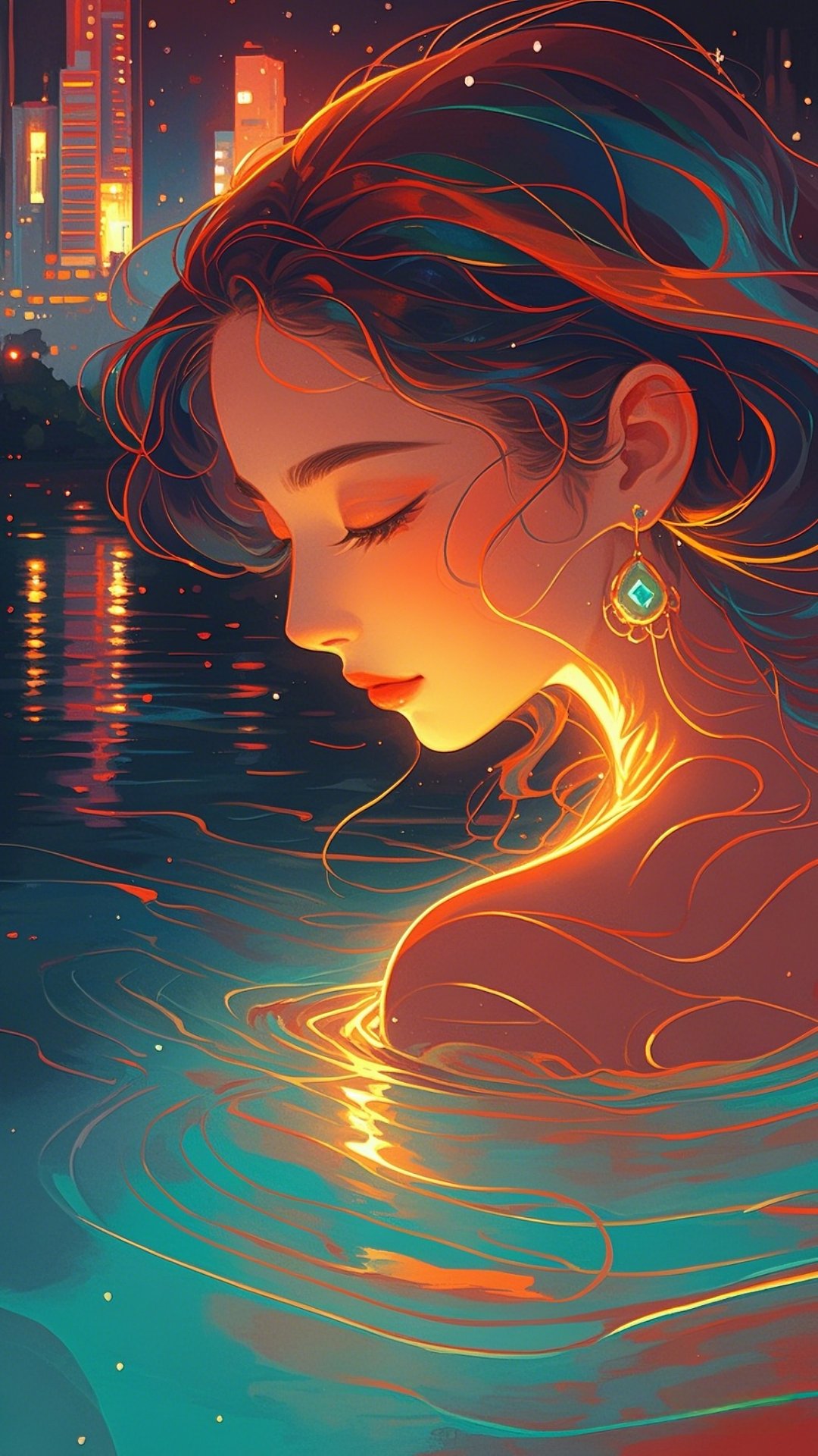 国庆插画分享,夜幕降临,我在水边轻声细语,城市的灯光映照在波光粼粼