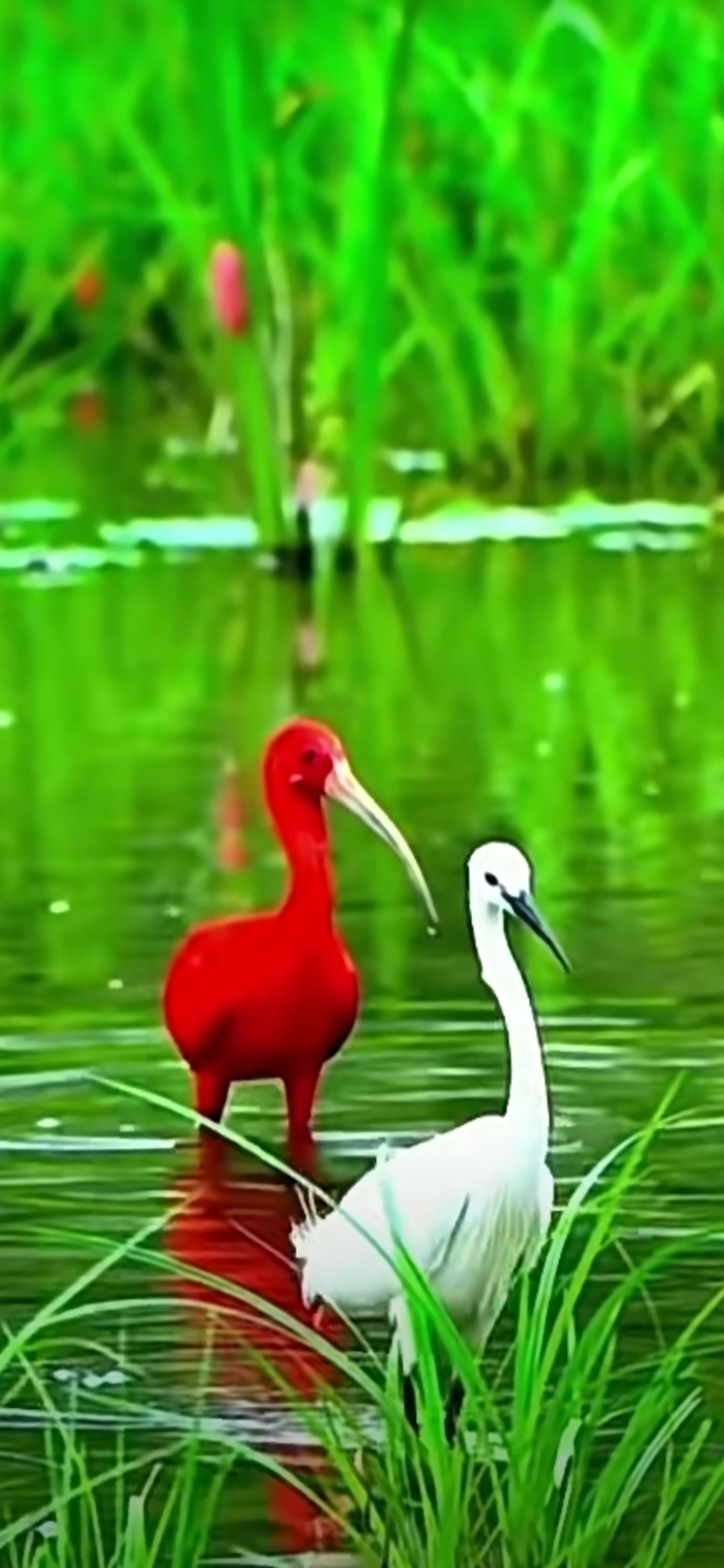 可惜的是不知它叫什么鸟,它是吃鱼的,特别是那只全身红的鸟,还是第一