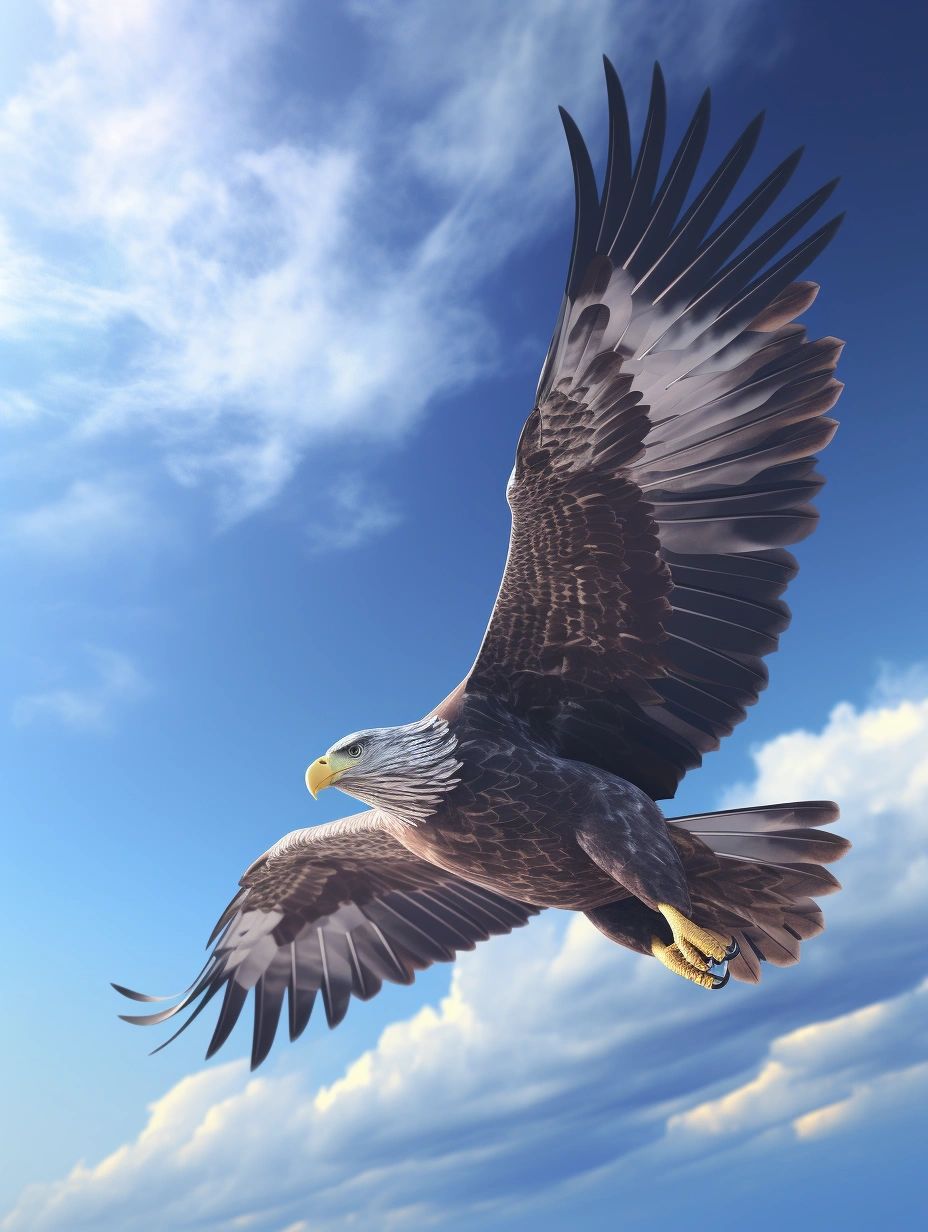 标题:《天空猎飞》  鹰,这一翱翔天空的强者,因其独特的生物特征和